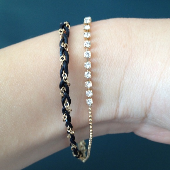 Rhinestone chain w/black leather braid bracelet
