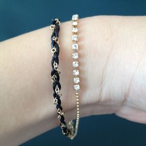 Rhinestone chain w/black leather braid bracelet