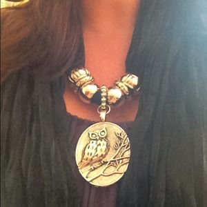 Black scarf, large ornate silver owl pendant. New