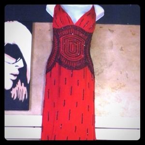 Beautiful red evening gown w/beadwork