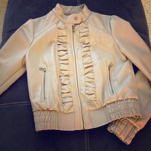 REDUCED Beige leather jacket with ruffle details