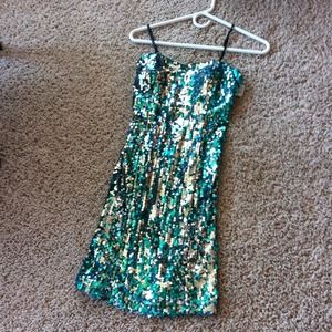 Gold and teal cocktail dress