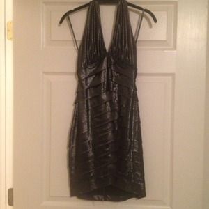 Bebe Halter Party Dress in shimmery gun metal