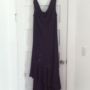 Plum colored evening dress.