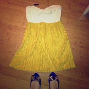 White lace and mustard yellow strapless dress