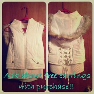 White puffer vest with fur hood & corset back