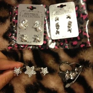 5 pairs of cute earrings, one ring, and a bracelet