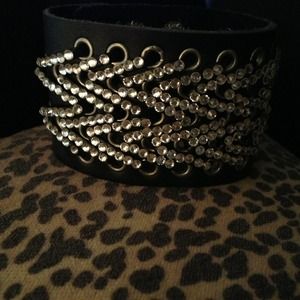 Black Genuine Leather Cuff w/ Crystals
