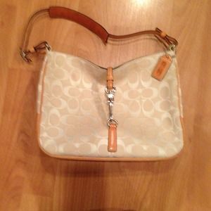 Beige Coach fabric and leather bottom purse