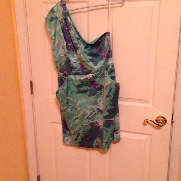 Blue pattern one shoulder dress with pockets