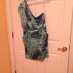 Blue pattern one shoulder dress with pockets