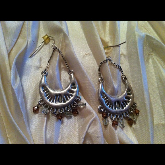 Amber and clear crystal dangle silver earrings