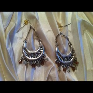 Amber and clear crystal dangle silver earrings