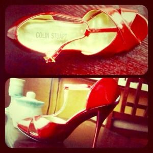 Colin Stuart t-strap ruby shimmer stilettos