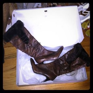 Nine West 8.5 brown leather and fur tall boots