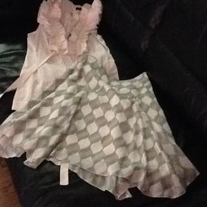 Anthropologist silk teal and tan pattern skirt