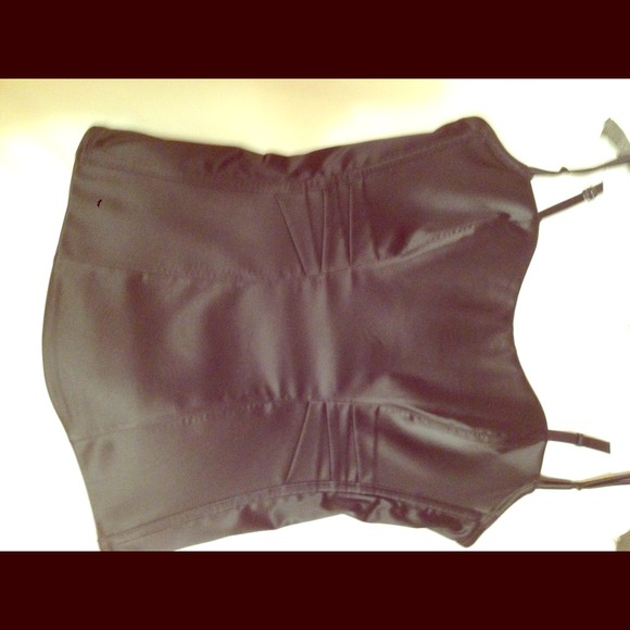 OnGossamer black silk corseted bustier.
