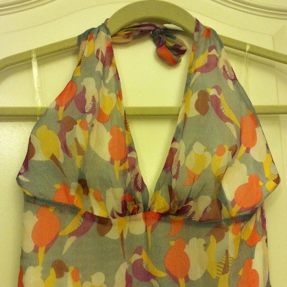 Silver/grey maxi dress with birds pattern SzM - Picture 3 of 4