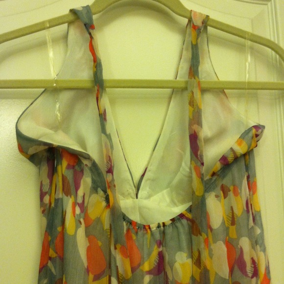 Silver/grey maxi dress with birds pattern SzM - Picture 4 of 4