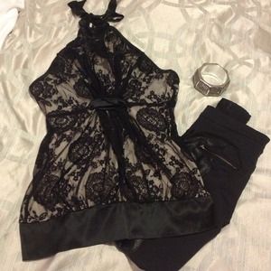 Bebe Black and Creme Lace Overlay Halter Top