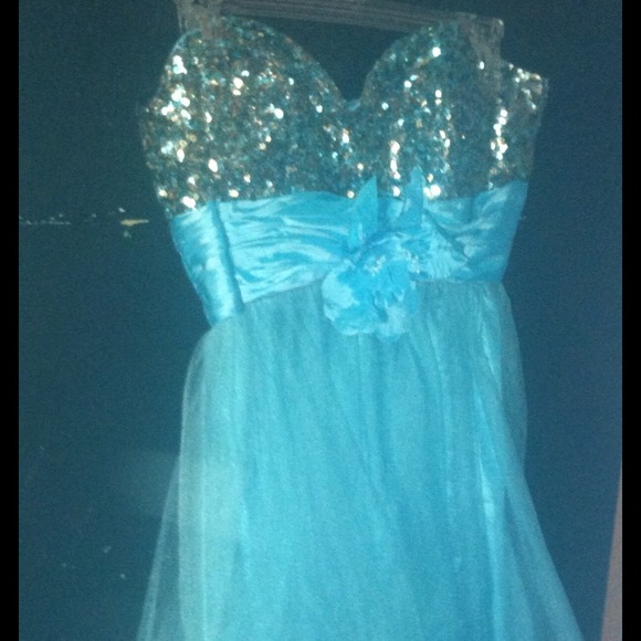 Strapless Blue Sequined Prom Dress.