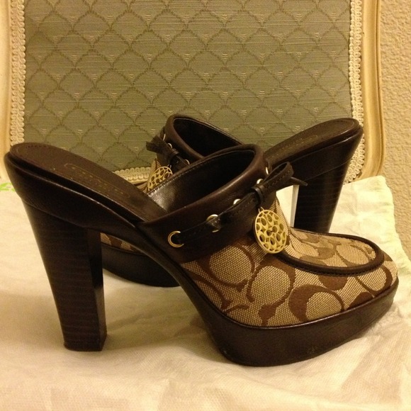 Coach Clogs-logo canvas  with leather trim.