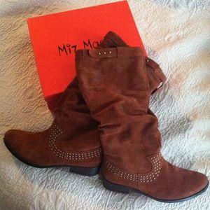 Miz Mooz suede tan boots with gold studs.