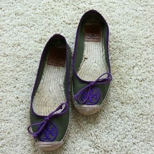 Tory Burch Espadrilles flats olive green & plum.