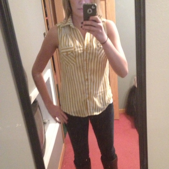 Collared yellow and white stripe sleeveless blouse