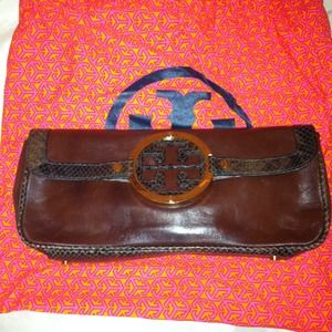Tory Burch Chocolate Clutch w/ Snake Trim