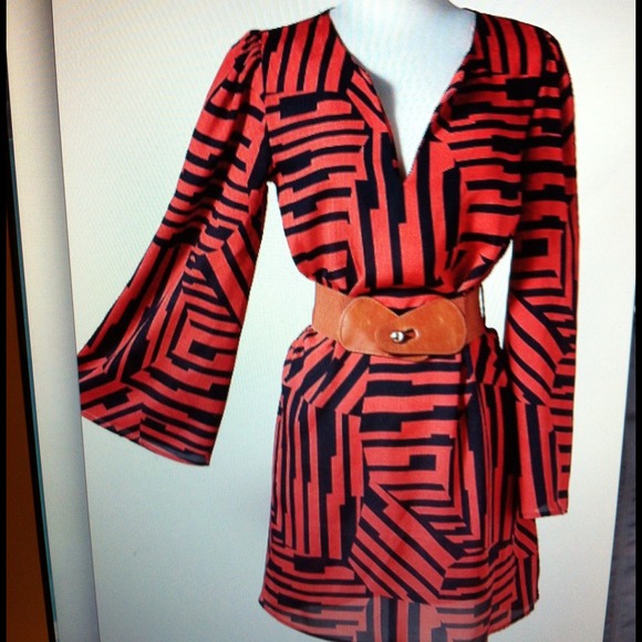 Striped red and back dress with belt