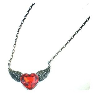 Jewelry - Vintage bronze red rhinestone heart wing necklace Jewelry - Vintage bronze red rhinestone heart wing necklace