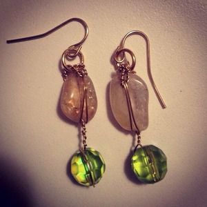 Stone and green glass bead with wire wrapping