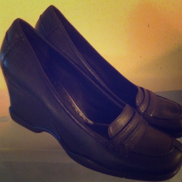 SOLD!!!  Almost new, all black leather wedge shoes