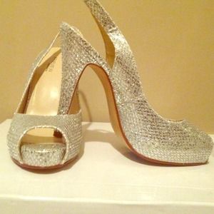 Silver Glitter Peep Toe Sling Backs
