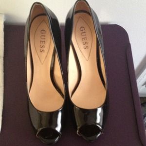 Guess black patent peep toe heels