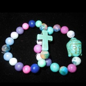Turquoise cross and buddha stretch bracelet set