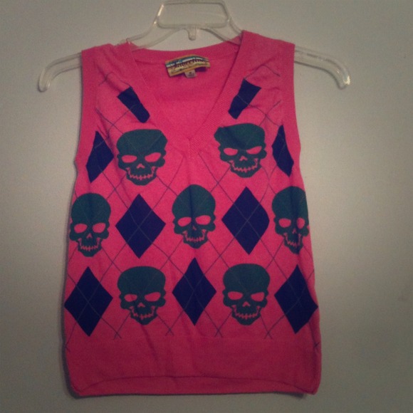 SOLD Libertine pink skull argyle sweater vest M - Picture 1 of 3