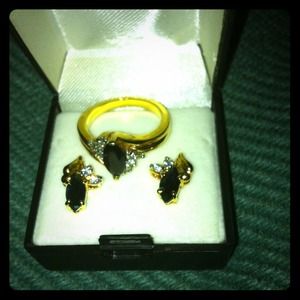 Gold Earring and ring with black stone