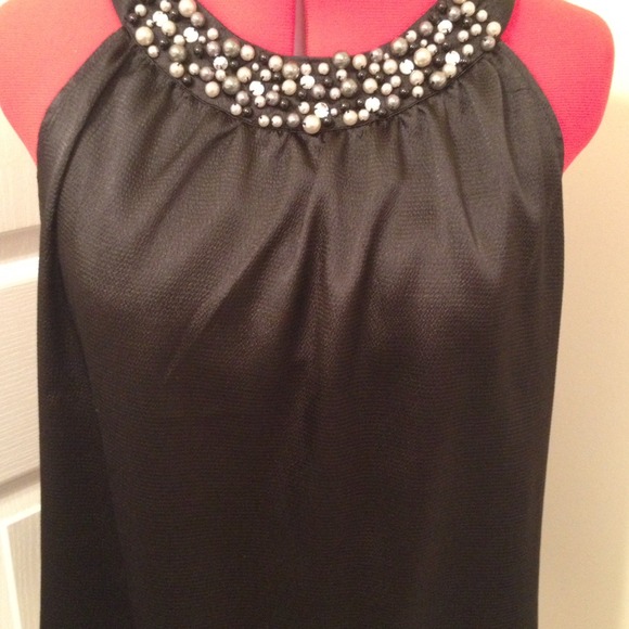 ***SOLD*** Black beaded neckline silky top