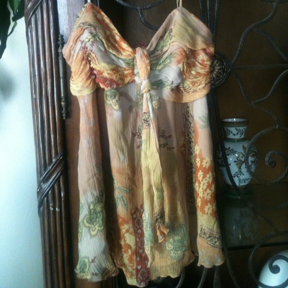 Silk Orange/green/gold print baby doll top
