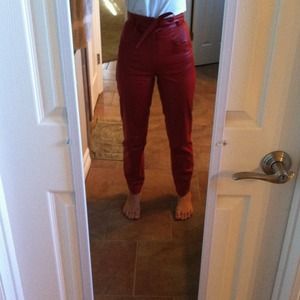 High waisted red leather pants
