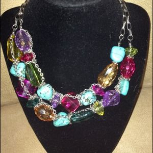Stone &  rhinestone necklace with silver chain.