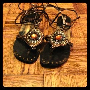 Bronze gladiator sandals, orange & green jewels