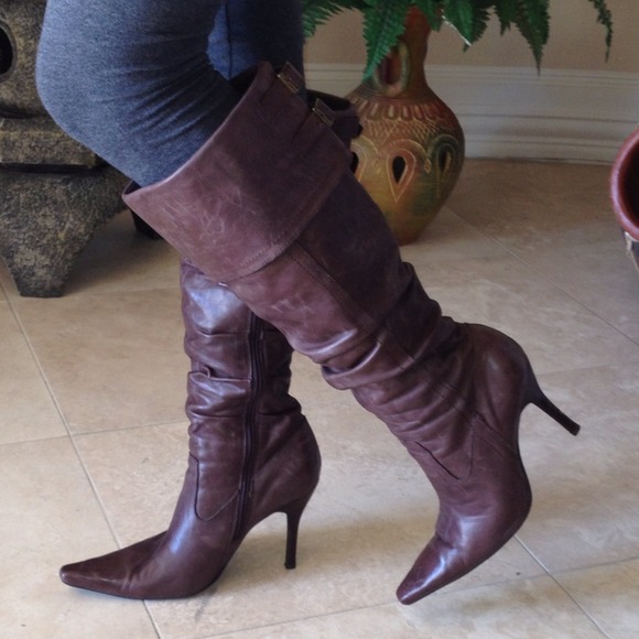 Brown Distressed Faux Leather Knee High Boots