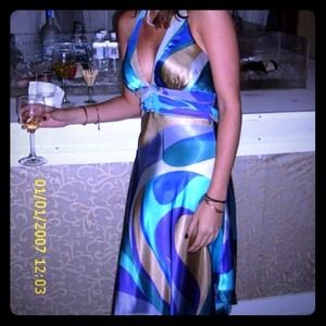 Under the knee cocktail dress purple gold & green