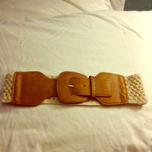 Cream knitted belt with brown leather strap