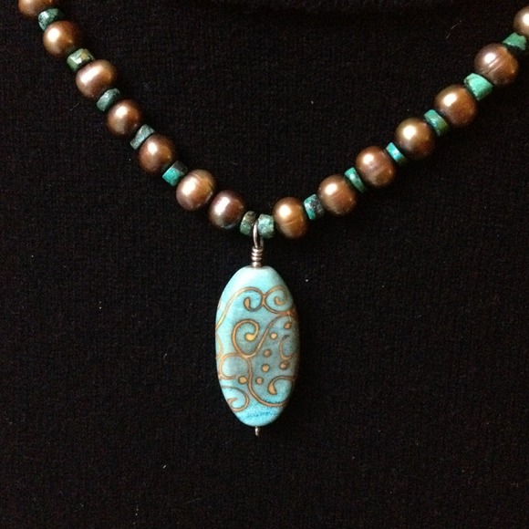 Sale! Turquoise and bronze pearl necklace - Picture 1 of 3