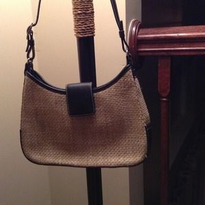 Straw and black leather vintage coach summer bag