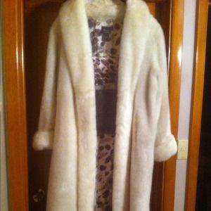 Dennis Basso full length faux white mink coat.